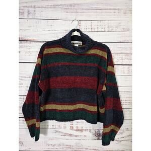 VTG 90s Reference Point Chenille Cropped Sweater Striped Boxy Mock Neck Retro L